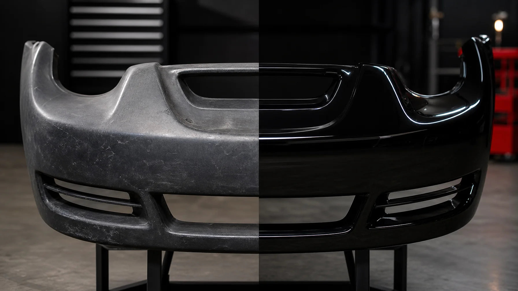 Split-screen before and after comparison: left half shows a grey, faded, weathered car plastic bumpe