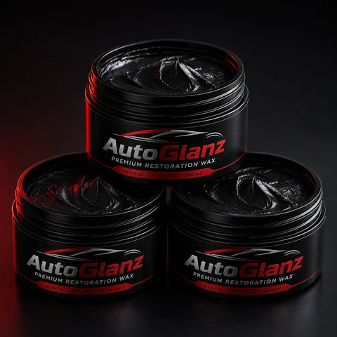 Square format studio packshot of three AutoGlanz jars, arranged in a triangular stack, all labels vi