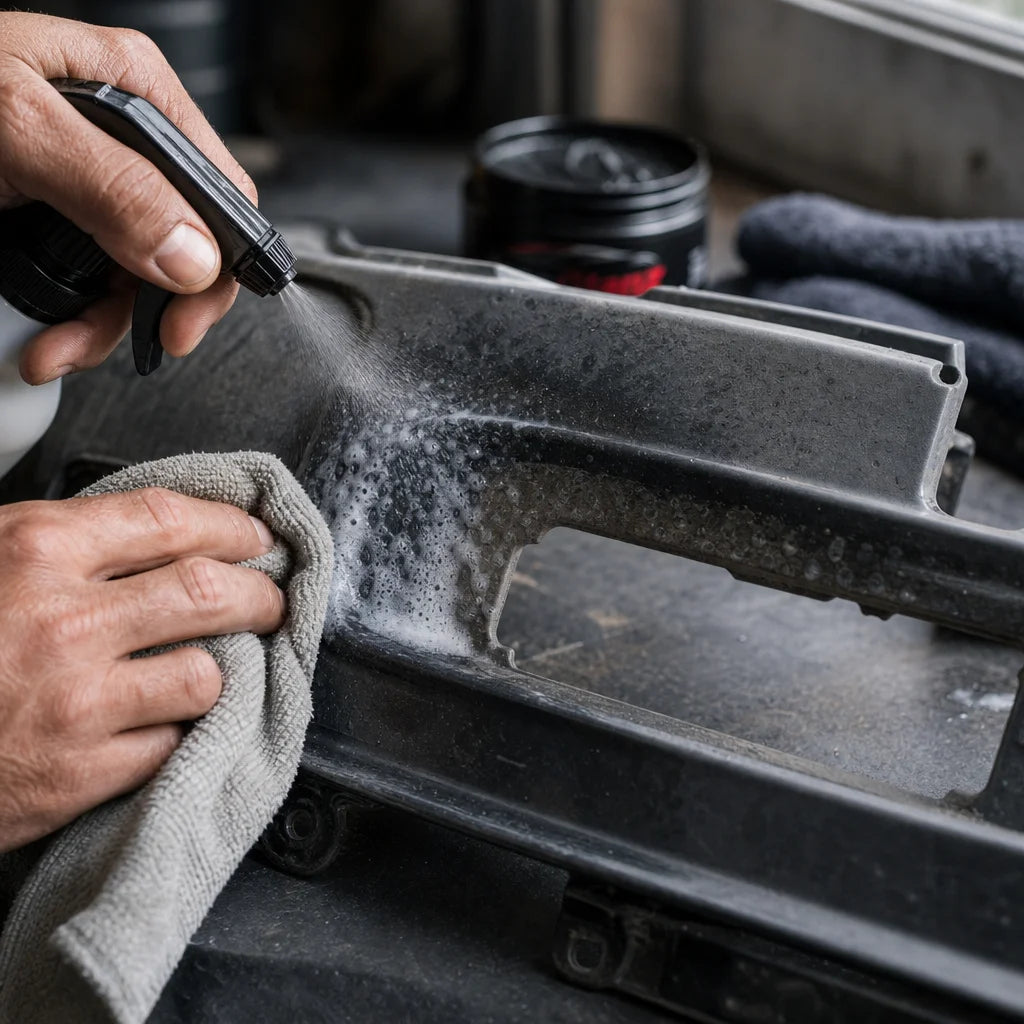 Square format close-up photograph of step 1: cleaning a car plastic part (like a bumper section). A