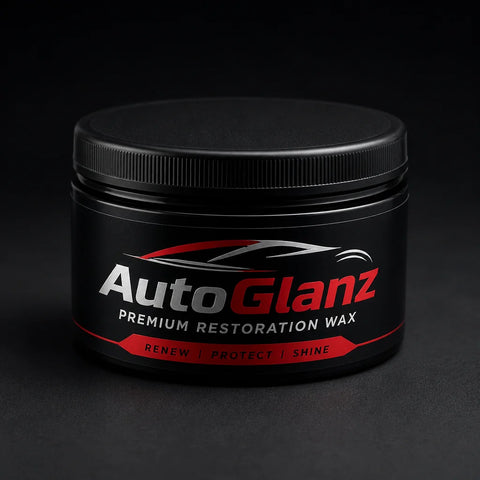Square format studio packshot of a single AutoGlanz Kunststoff-Renovierer jar, lid on, label facing