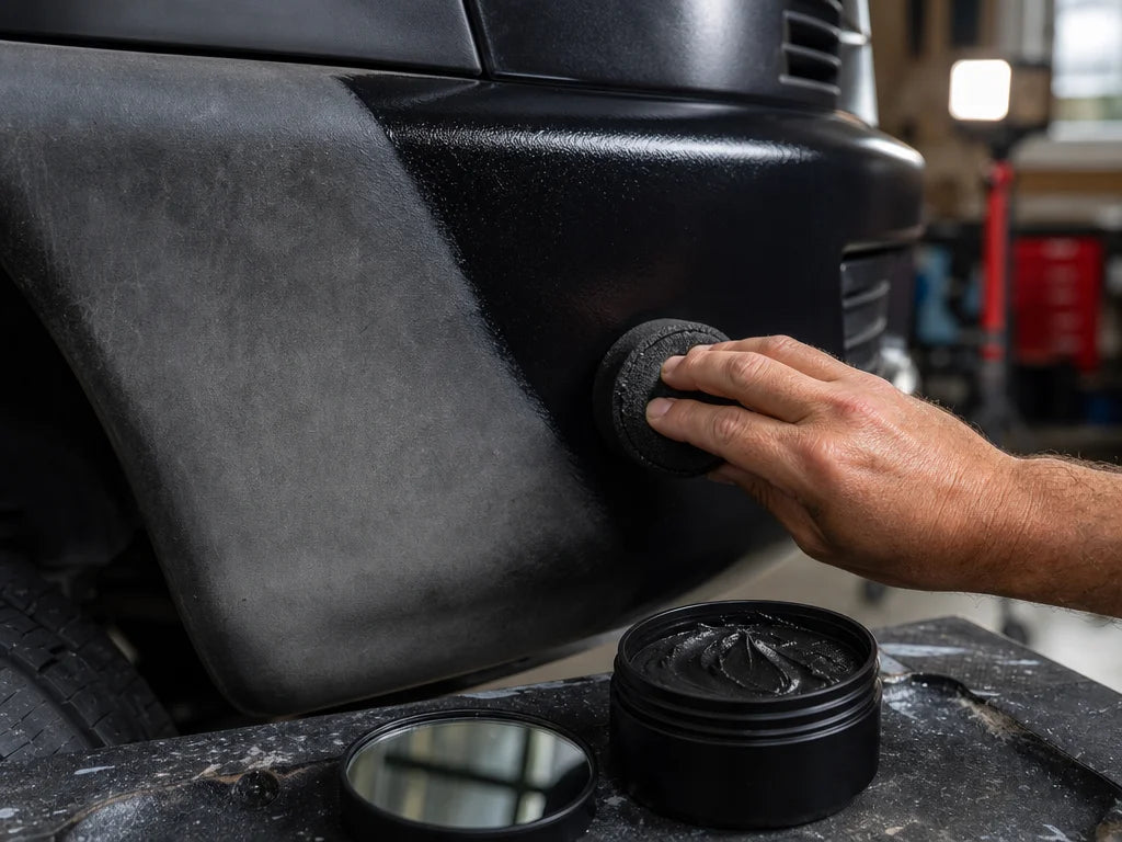 4:3 editorial vehicle care photography, extreme close-up. A hand mid-application: spreading AutoGlan