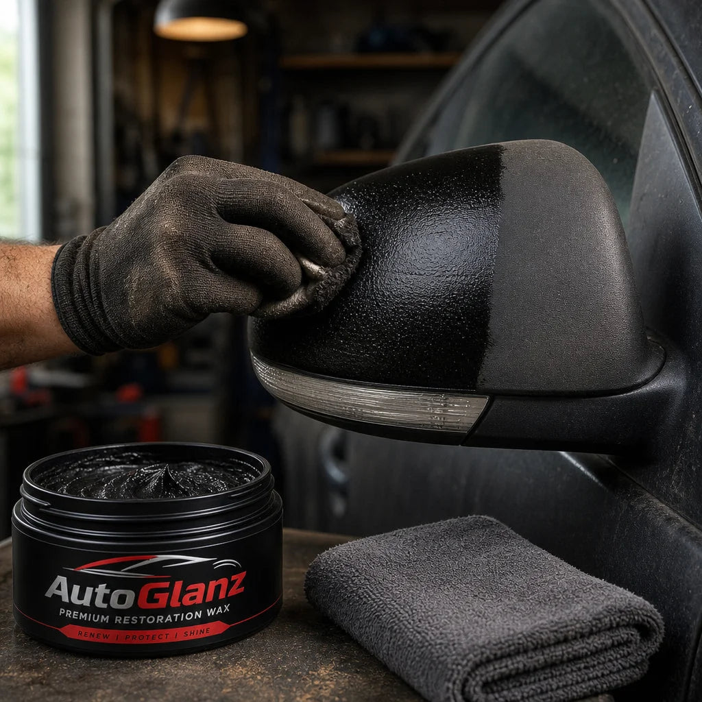 Editorial vehicle care photography, square format. A hand, wearing a casual work glove, applying Aut