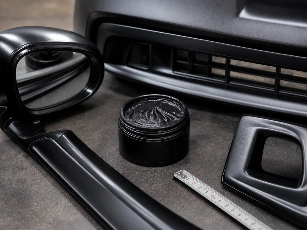 4:3 product photography. A single AutoGlanz jar (70g) sits centrally on a workbench, surrounded by m